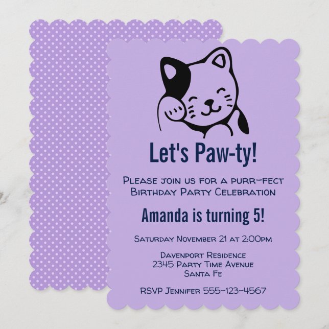 Invitación Gato Kitty Negro y Blanco Lindo Saludando - Cumple (Anverso / Reverso)