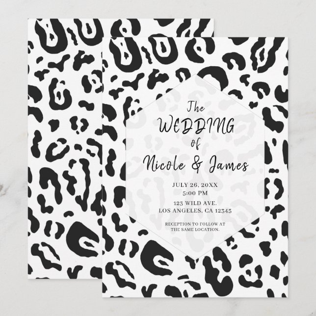 Invitación Gato Leopardo Negro y Blanco Boda Chic (Anverso / Reverso)
