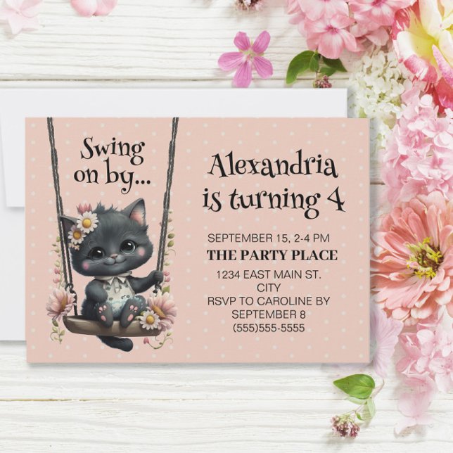 Invitación Gato lindo cantando con puntos rosados cumpleaños  (Subido por el creador)