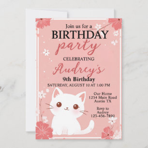 Invitación Gato lindo con fondo rosado Cualquier cumpleaños d