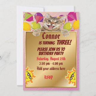Invitación Gato lindo con oro y sol divertido