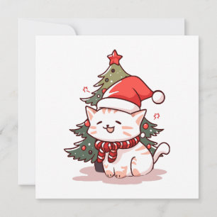 Invitación Gato lindo con sombrero de Santa cerca del árbol d