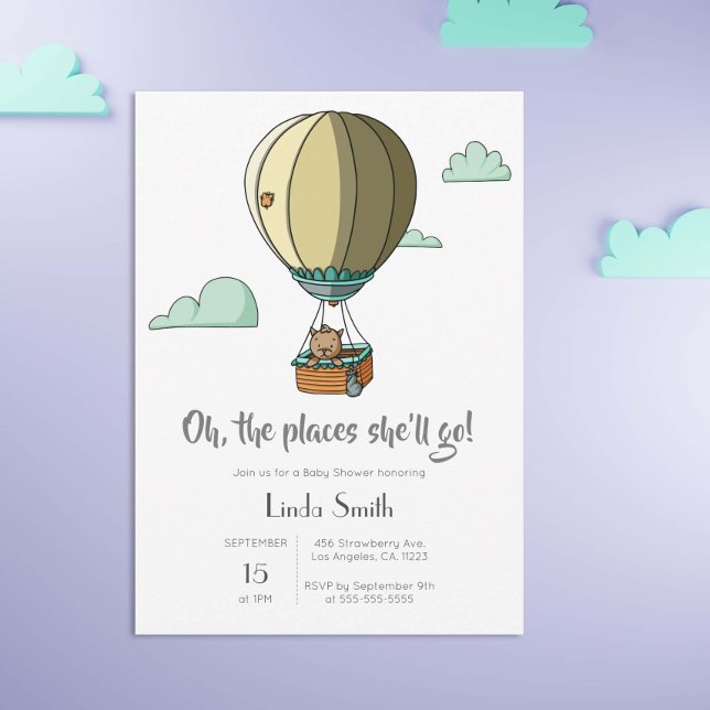 Invitación Gato lindo en Baby Shower neutral con globo de air (Subido por el creador)