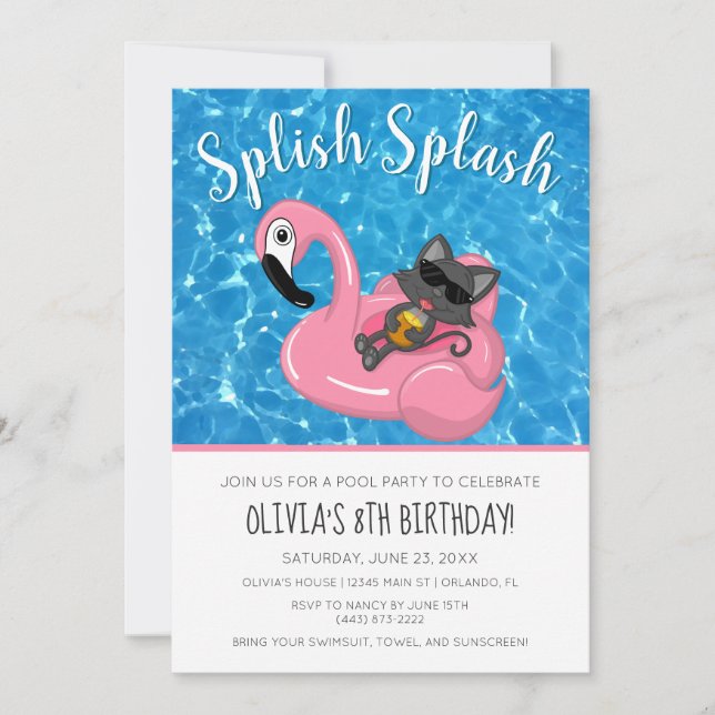 Invitación Gato lindo Flamingo Niños Piscina Fiesta Cumpleaño (Anverso)