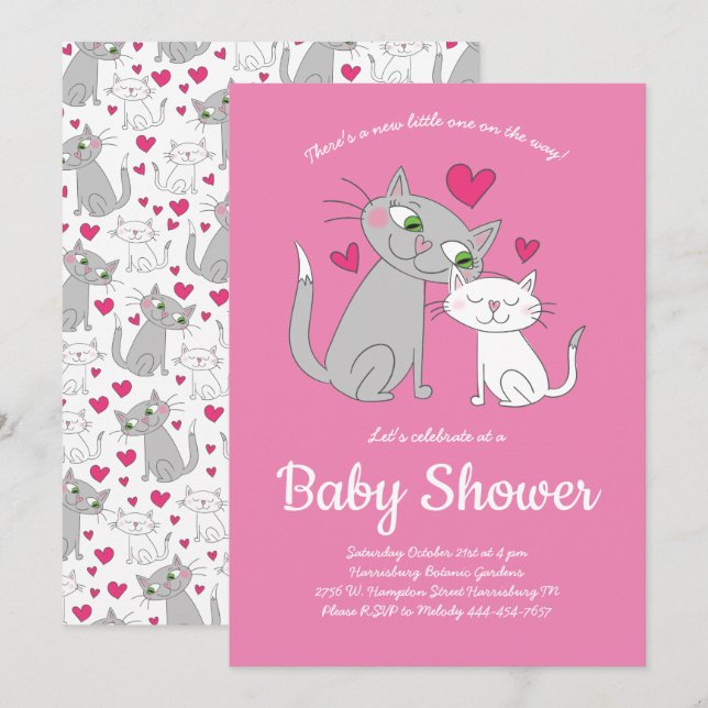 Invitación Gato lindo gato Baby Shower mamá y bebé (Anverso / Reverso)