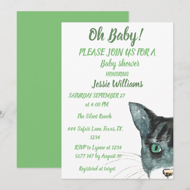 Invitación Gato lindo Kitty Gatito Gatito Verde Niño Chica (Anverso / Reverso)