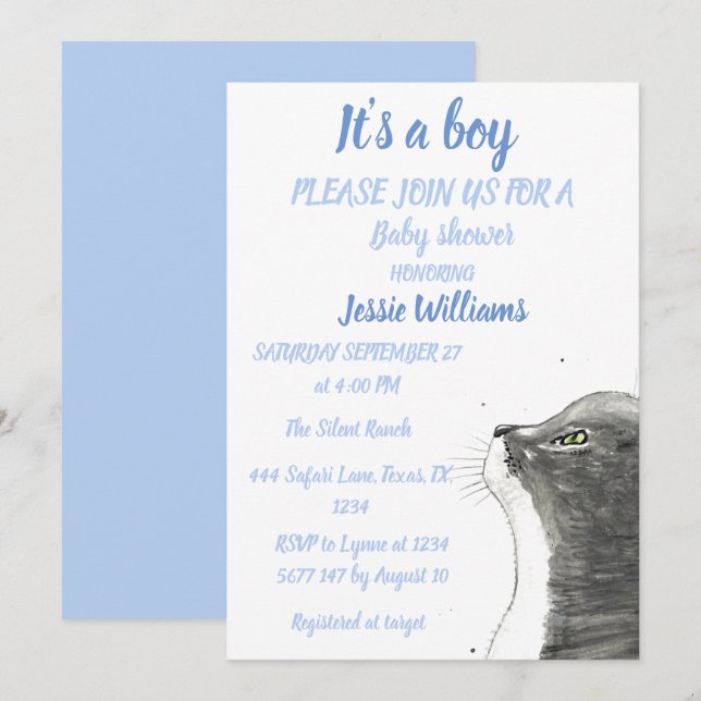 Invitación Gato lindo Kitty Kitten Azul Bebé ducha (Anverso / Reverso)