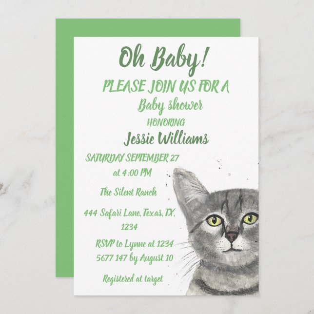 Invitación Gato lindo Kitty Kitten Niño Verde Chica Invitati (Anverso / Reverso)