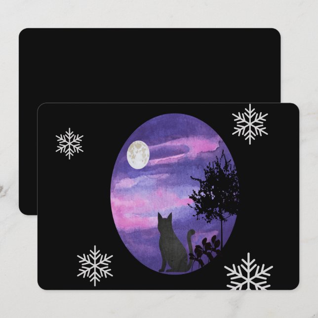 Invitación Gato Místico Bajo la Luna – Nocturna Morada Soñado (Anverso / Reverso)