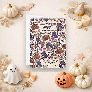 Invitación Gato Morado Lindo y Espeluznante para Hornear en H