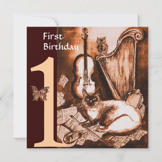 Invitación GATO MUSICAL Primer partido de cumpleaños Brown Ch (Anverso)