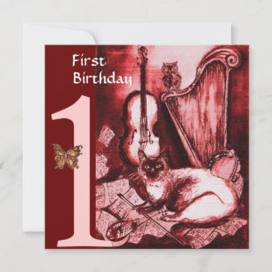 Invitación GATO MUSICAL Primer Partido de Cumpleaños, Rojo y