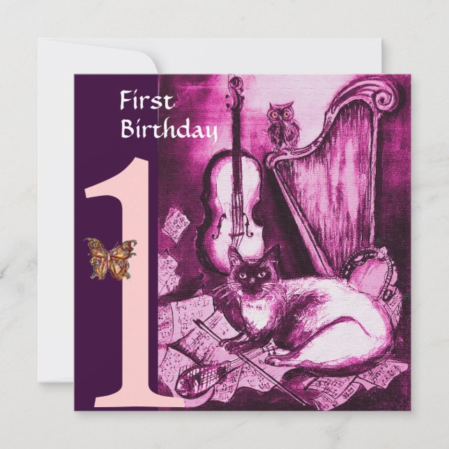 Invitación GATO MÚSICO Fiesta de primer cumpleaños de la fucs (Anverso)