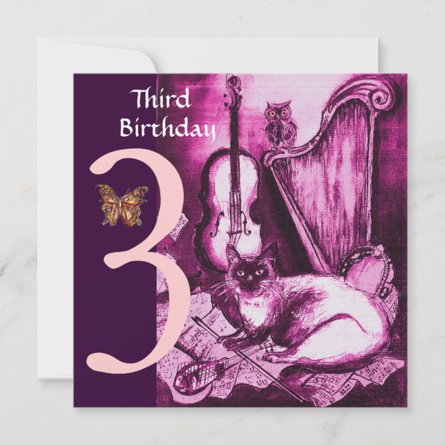 Invitación GATO MÚSICO Fiesta de tercer cumpleaños de Fuchsia (Anverso)