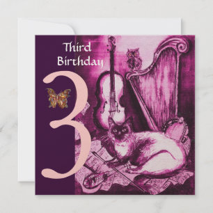 Invitación GATO MÚSICO Fiesta de tercer cumpleaños de Fuchsia