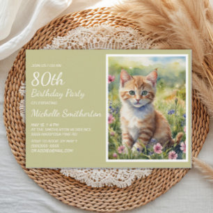 Invitación Gato Naranja Amarillo Acuarela Cumpleaños 80