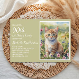 Invitación Gato naranja amarillo lindo acuarela cumpleaños 90