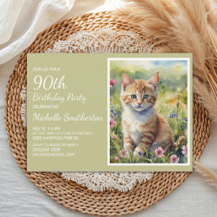 Invitación Gato naranja amarillo lindo acuarela cumpleaños 90