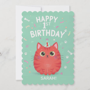 Invitación Gato Naranja Atigrado Adorable Cumpleaños 1   Pers