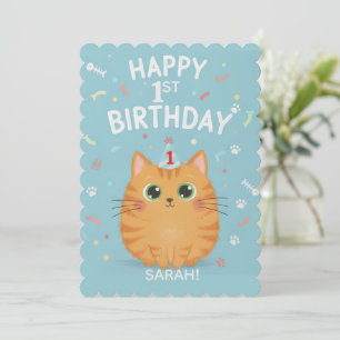 Invitación Gato Naranja Atigrado Adorable Cumpleaños 1   Pers