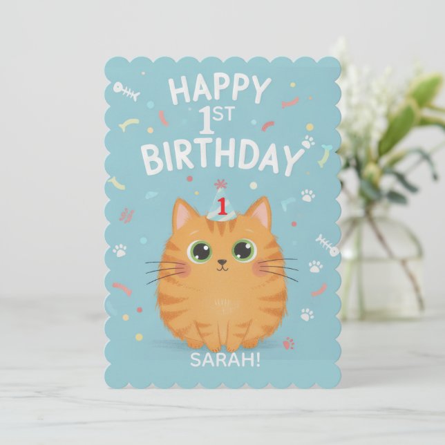 Invitación Gato Naranja Atigrado Adorable Cumpleaños 1 | Pers (Anverso de pie)