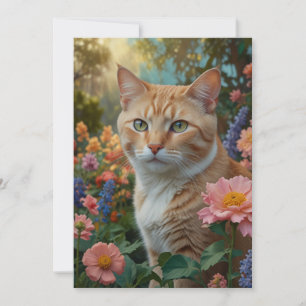 Invitación Gato naranja blanco bonito en jardín floral