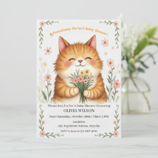 Invitación Gato naranja con un ramo de flores