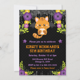 Invitación Gato Naranja Lindo Cumpleaños Floral Halloween