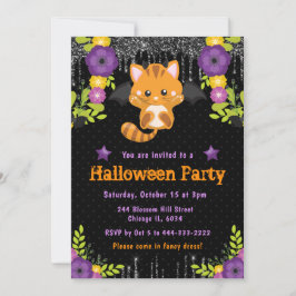 Invitación Gato naranja lindo Floral Fiesta de Halloween