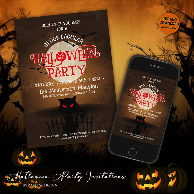 Invitación Gato negro agudo, murciélagos y fiesta de Hallowee (Subido por el creador)