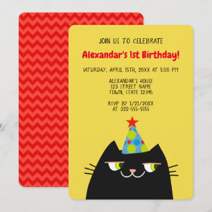 Invitación Gato Negro Booo, Cumpleaños Negro Divertido 1er Cu
