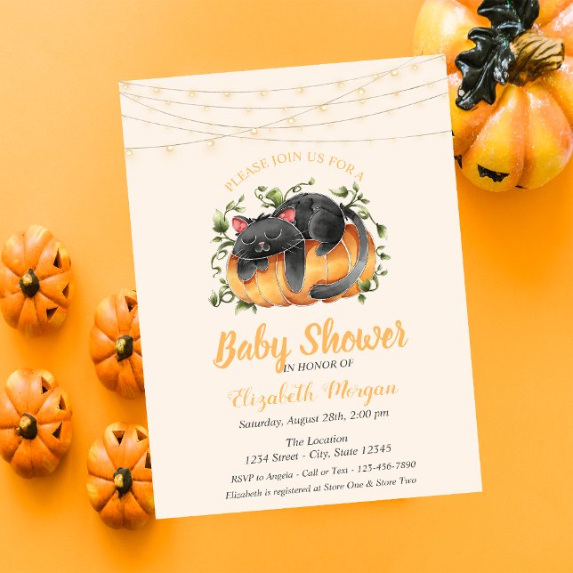 Invitación Gato negro, calabaza, luces de cadena, puntos Baby (Subido por el creador)