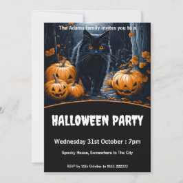Invitación Gato negro caminando por la fiesta de Halloween en