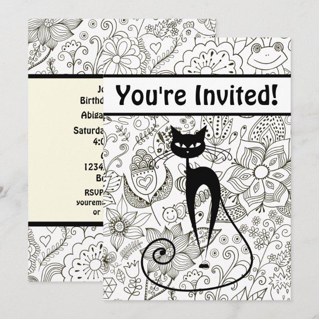 Invitación Gato negro con cumpleaños de jardín blanco y negro (Anverso / Reverso)