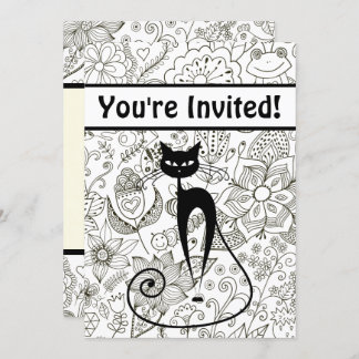 Invitación Gato negro con cumpleaños de jardín blanco y negro