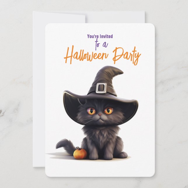 Invitación GATO NEGRO con la fiesta GORRA Halloween de WITCHE (Anverso)