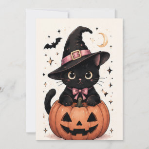 Invitación Gato negro con lazo rosa adorable