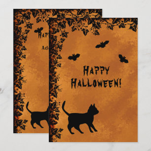 Invitación Gato negro con murciélago, Feliz Halloween
