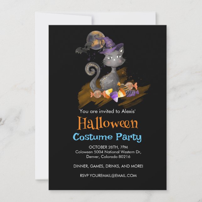 Invitación Gato negro de acuarela con caramelos, Halloween (Anverso)