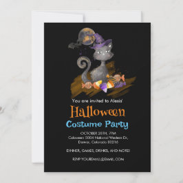Invitación Gato negro de acuarela con caramelos, Halloween