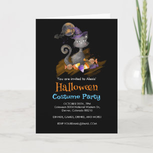 Invitación Gato negro de acuarela con caramelos, Halloween