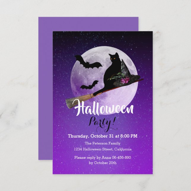 Invitación Gato negro de Halloween en la habitación Fiesta de (Anverso / Reverso)