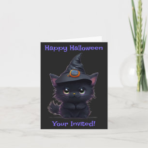 Invitación Gato negro de Halloween lindo y caprichoso