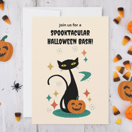 Invitación Gato negro de Halloween Mid Century