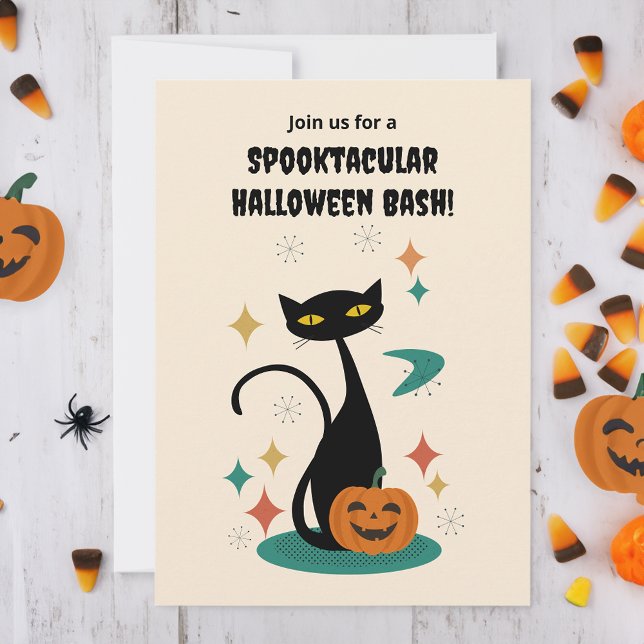 Invitación Gato negro de Halloween Mid Century (Subido por el creador)