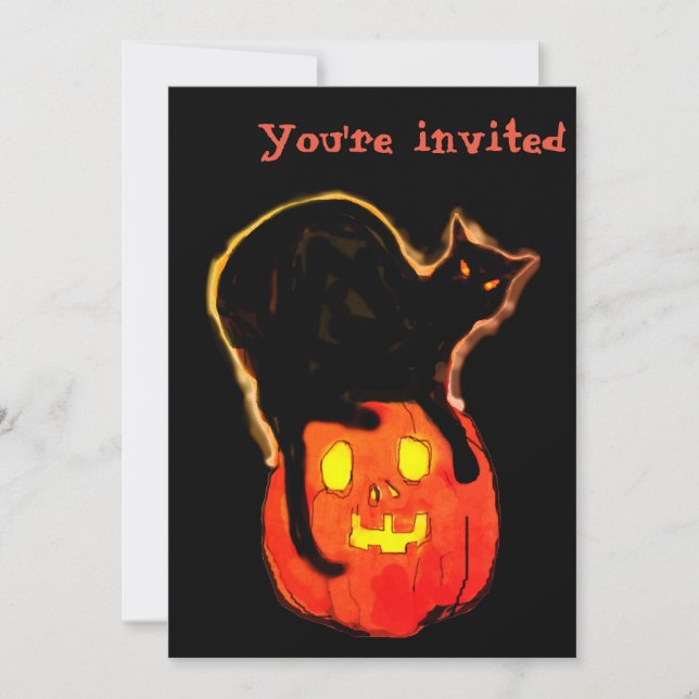 Invitación Gato negro de Halloween sobre calabaza Naranja bri (Anverso)