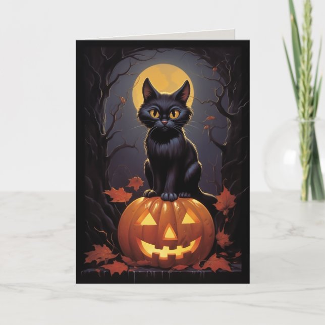 Invitación Gato negro de Halloween y calabaza (Anverso)