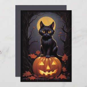 Invitación Gato negro de Halloween y calabaza