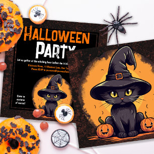 Invitación Gato negro de la fiesta de Halloween