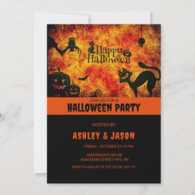 Invitación Gato negro de la fiesta de Halloween para adultos (Anverso)